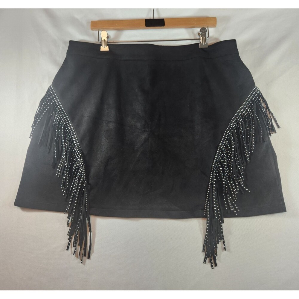 Black Faux Suede Western Mini Skirt Fringe Rhinestones Shein Curve Size 2XL